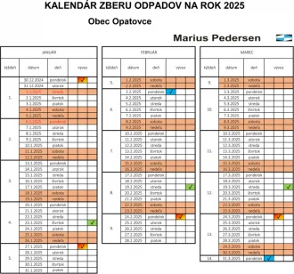 Kalendár zberu odpadov na rok 2025 pre obec Opatovce