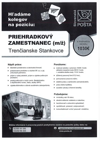 Ponuka zamestnania - Slovenská pošta - priehradkový zamestnanec