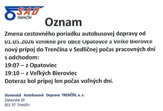 Zmena cestovného poriadku autobusovej dopravy od 01.05.2026