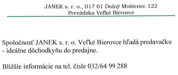 JANEK s.r.o. - Predavačka vo Veľké Bierovce