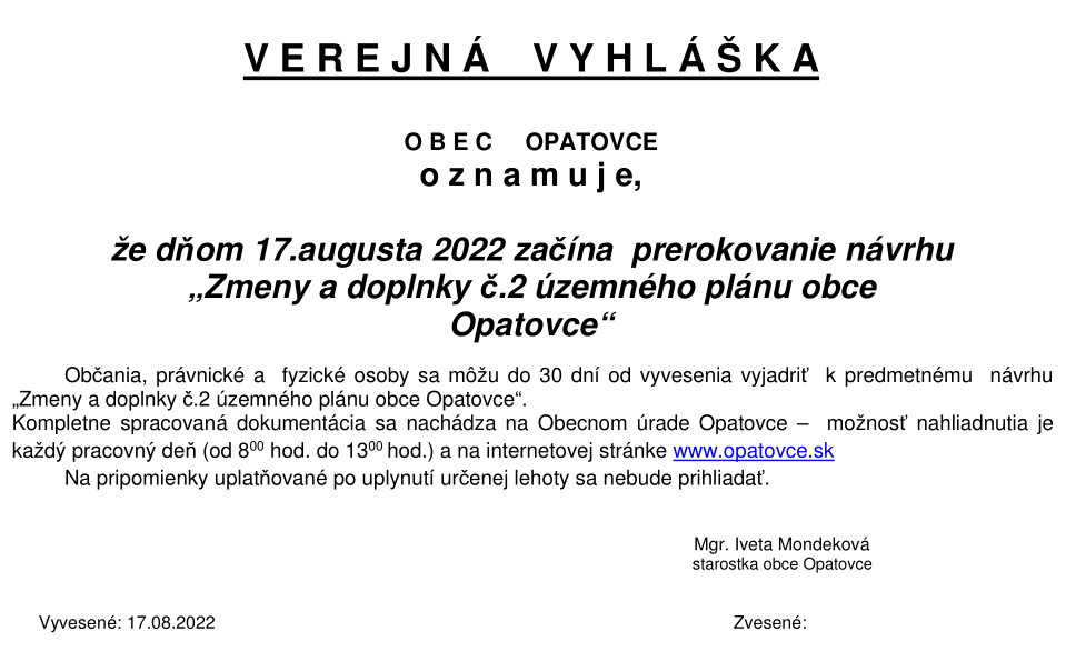 Zmeny a doplnky č.2 územného plánu obce Opatovce